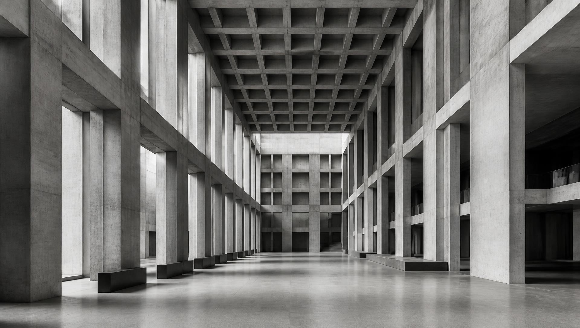 Empty brutalist atrium receding into cold diffuse light