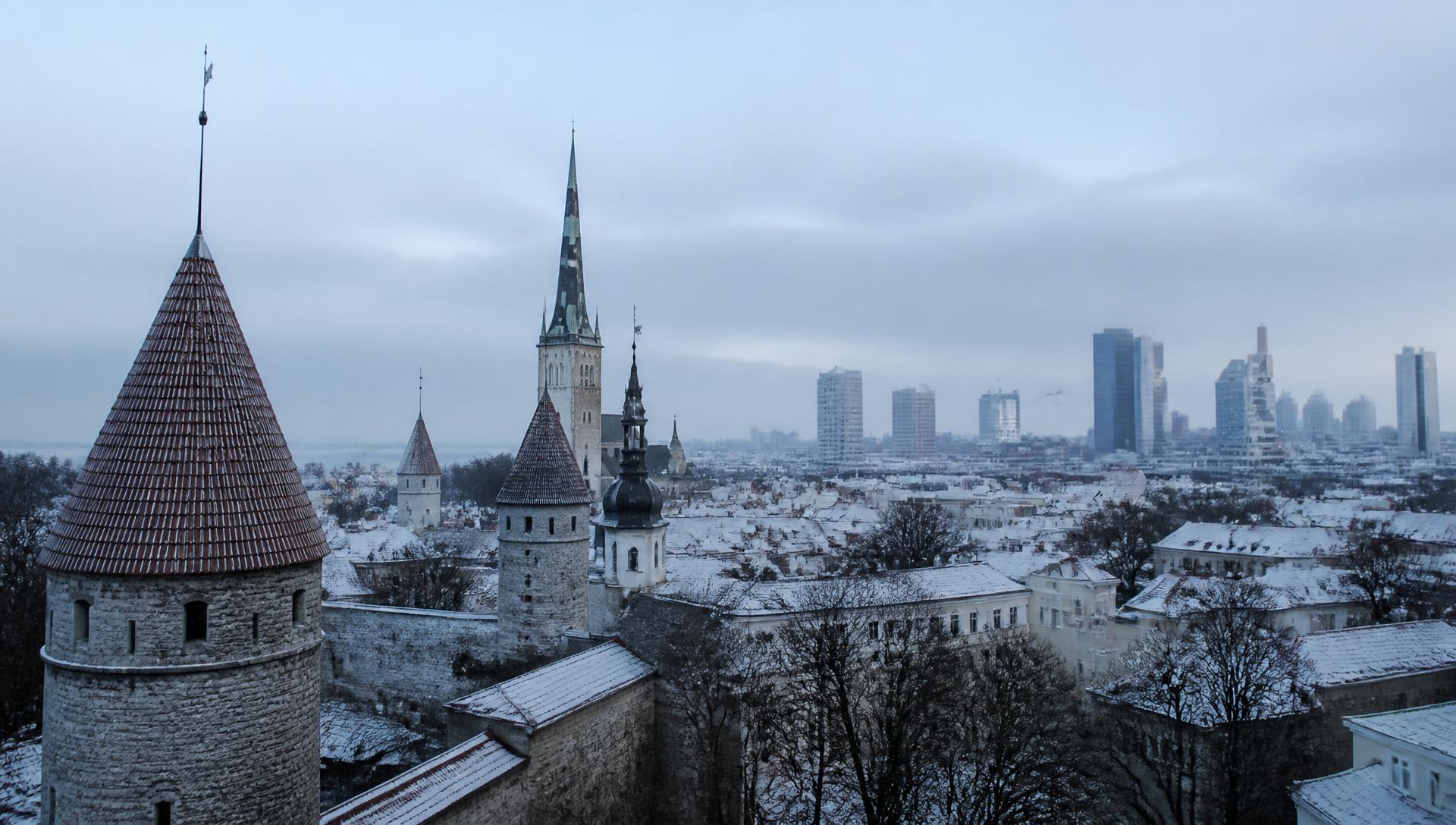 Tallinn skyline in winter under a pale Baltic sky