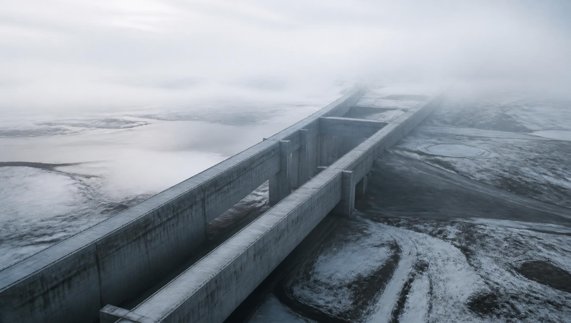 Monumental infrastructure crossing a cold landscape at dawn